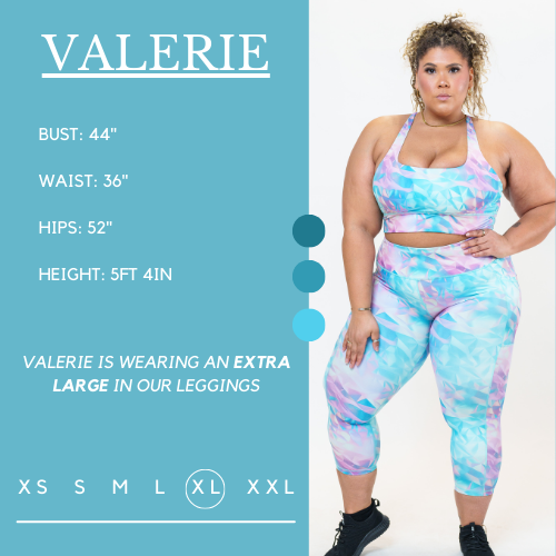 Model's measurements of 44 inch bust, 36 inch waist, 52 inch hips, and height of 5 foot 4 inches. She is wearing a size extra large in these leggings