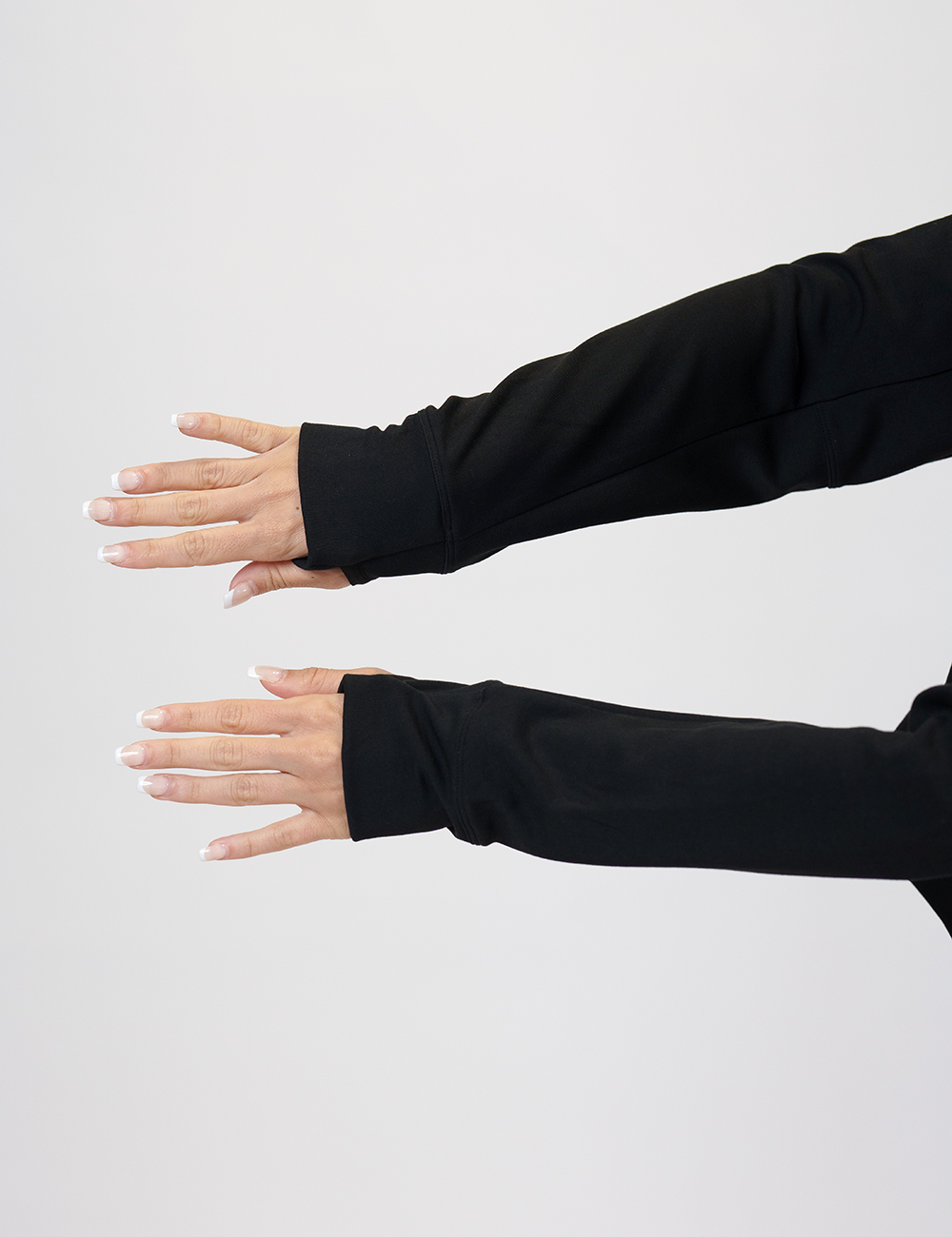 black drawstring hoodie thumb cuffs against a white background