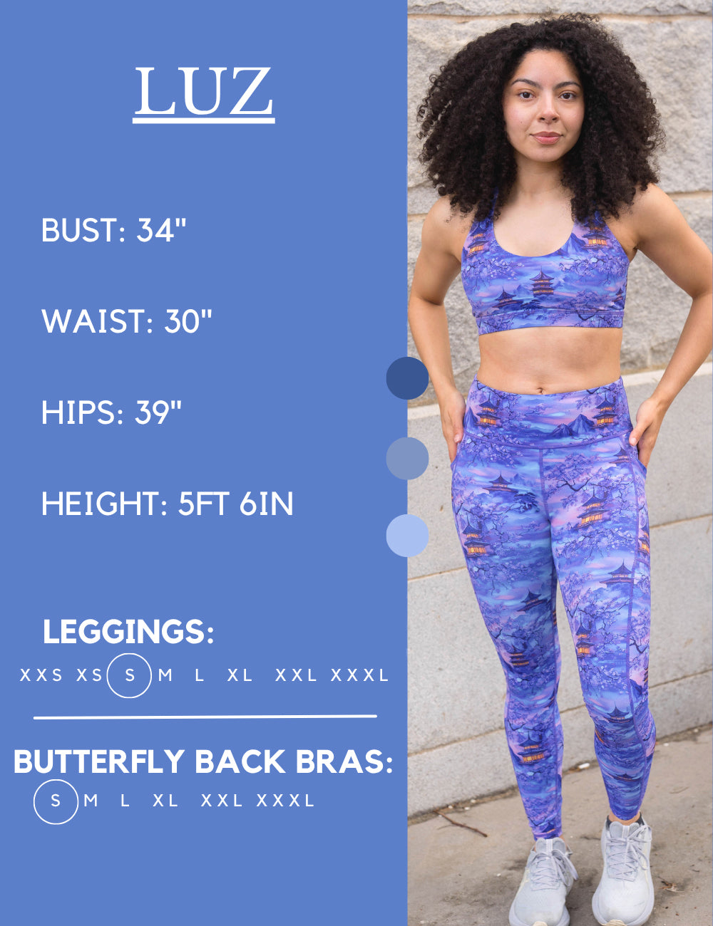 Model’s measurements of 34” bust, 30” waist, 39” hips and height of 5 ft 6 inches. She is wearing a size small in our leggings