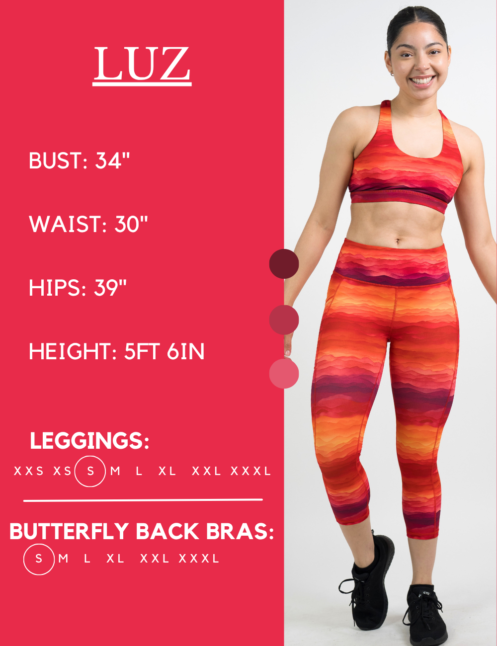 Model’s measurements of 34” bust, 30” waist, 39” hips and height of 5 ft 6 inches. She is wearing a size small in our leggings