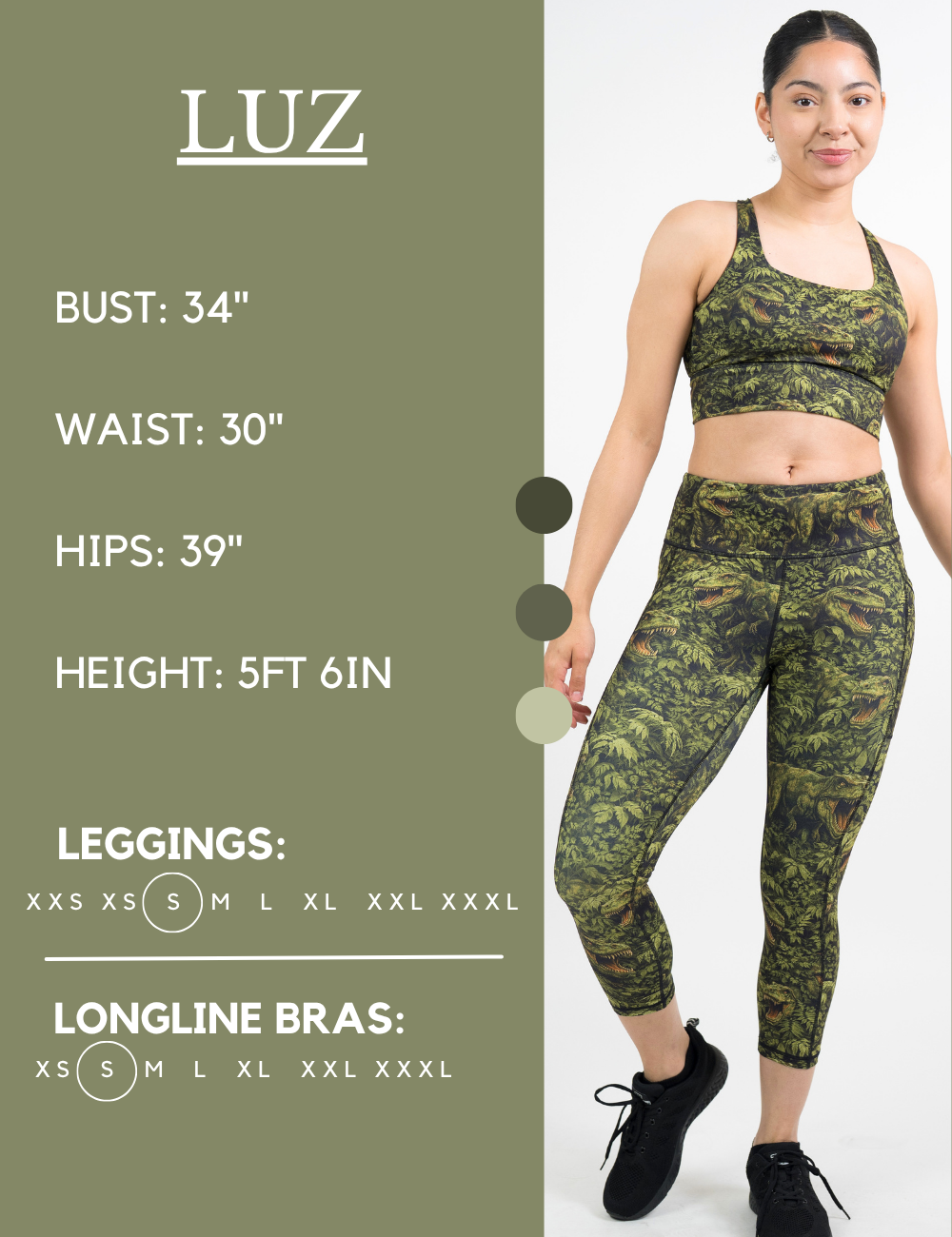 Model’s measurements of 34” bust, 30” waist, 39” hips and height of 5 ft 6. She is wearing a size small in our leggings