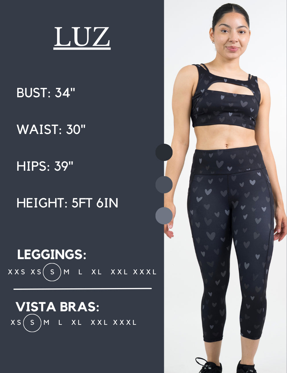 Model’s measurements of 34” bust, 30” waist, 39” hips and height of 5 ft 6 inches. She is wearing a size small in our leggings