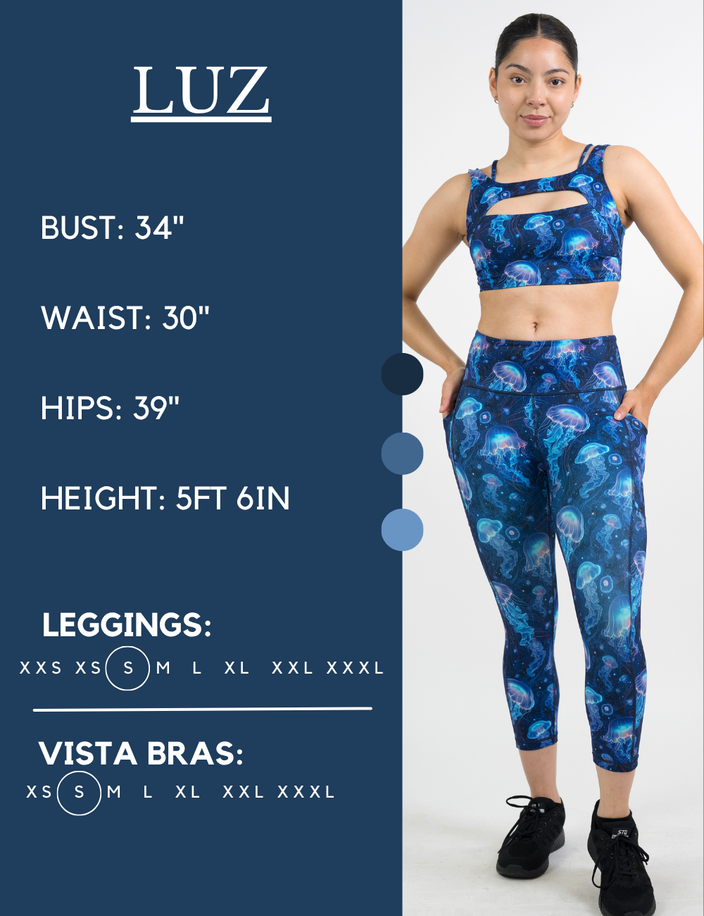 Model’s measurements of 34” bust, 30” waist, 39” hips and height of 5 ft 6 inches. She is wearing a size small in our leggings