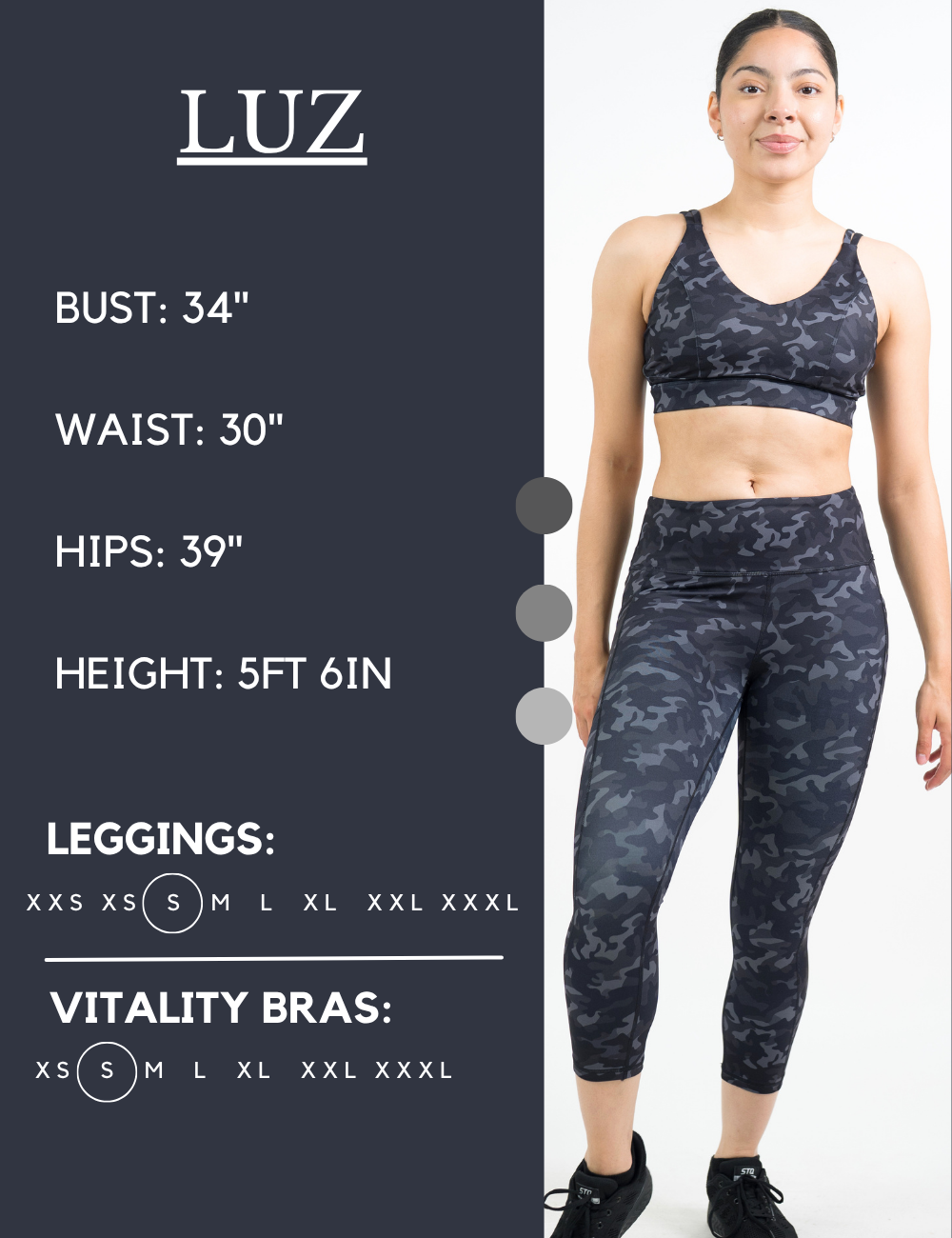 Model’s measurements of 34” bust, 30” waist, 39” hips and height of 5 ft 6 inches. She is wearing a size small in our leggings