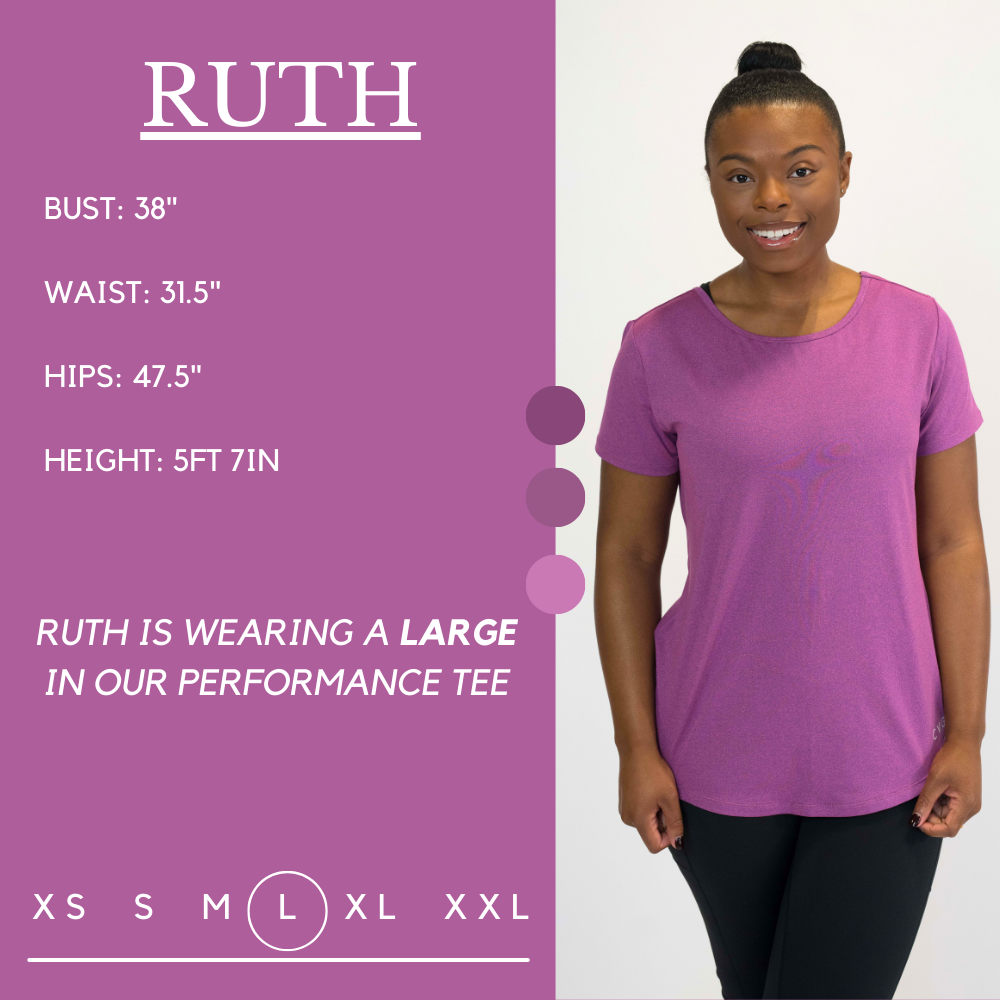 Model’s measurements of 38” bust, 31.5” waist, 47.5” hips and height of 5 ft 7 inches. She is wearing a size large in our performance tee