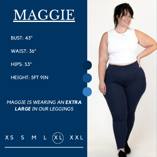 Model's measurements of 43 inch bust, 36 inch waist, 53 inch hips, and height of 5 foot 9 inches. She is wearing a size extra large in these leggings.