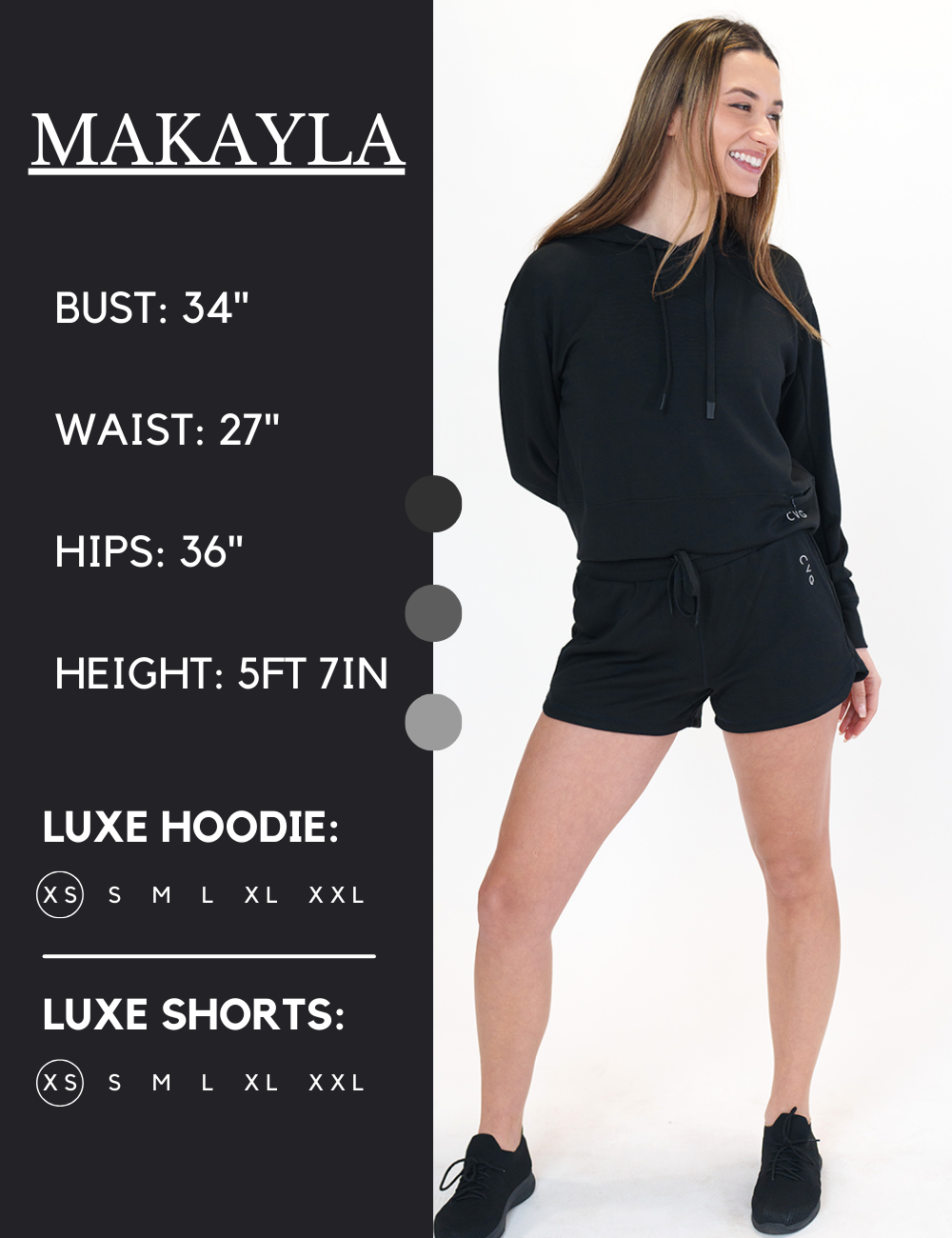 Model’s measurements of 34” bust, 27” waist, 36” hips and height of 5 ft 7 inches. She is wearing a size extra small in our luxe shorts and hoodie
