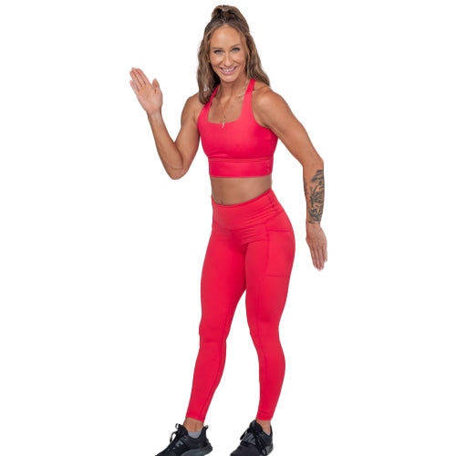 model wearing hot pink longline bra and leggings