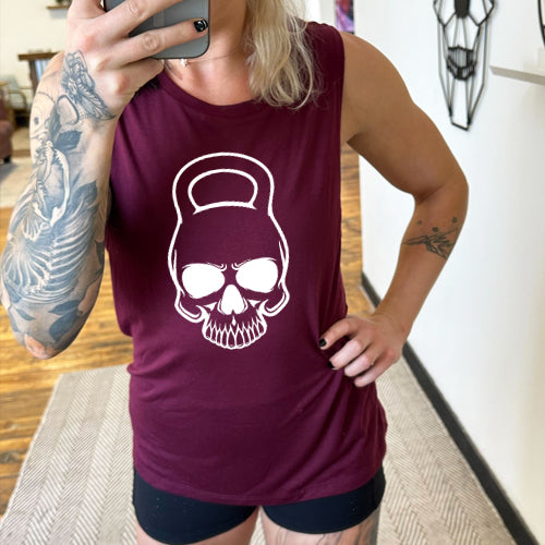 maroon muscle tank with a kettlebell skull graphic on the front