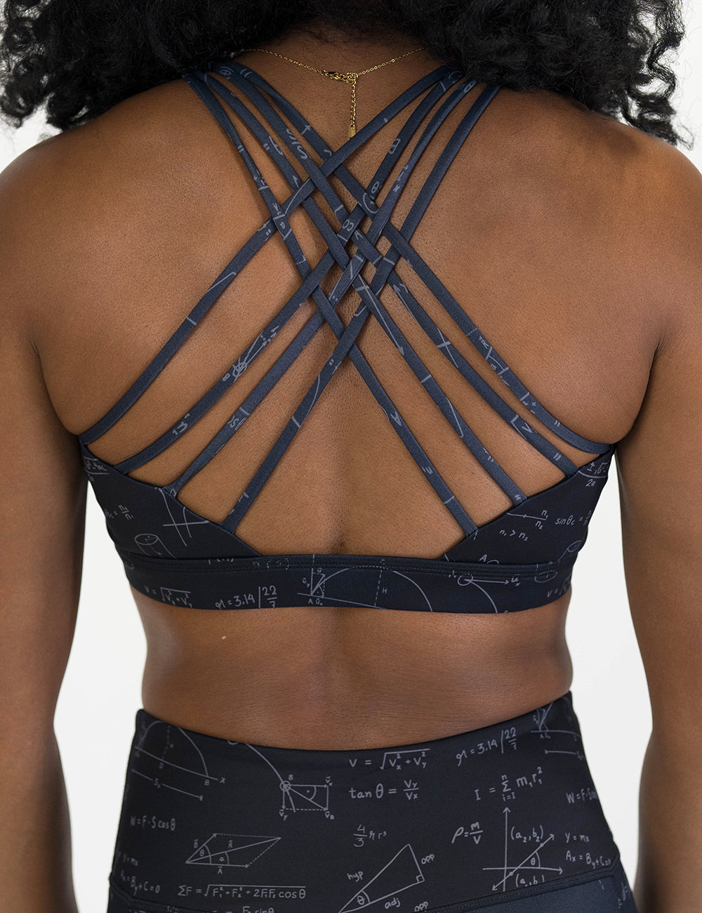 back of the black sports bra with mathematical equations and formulas on it