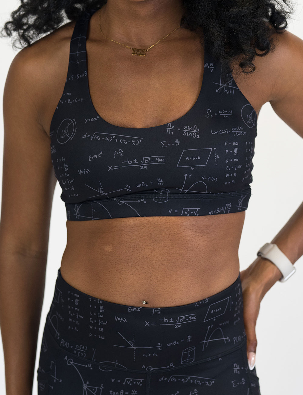 black sports bra with mathematical equations and formulas on it