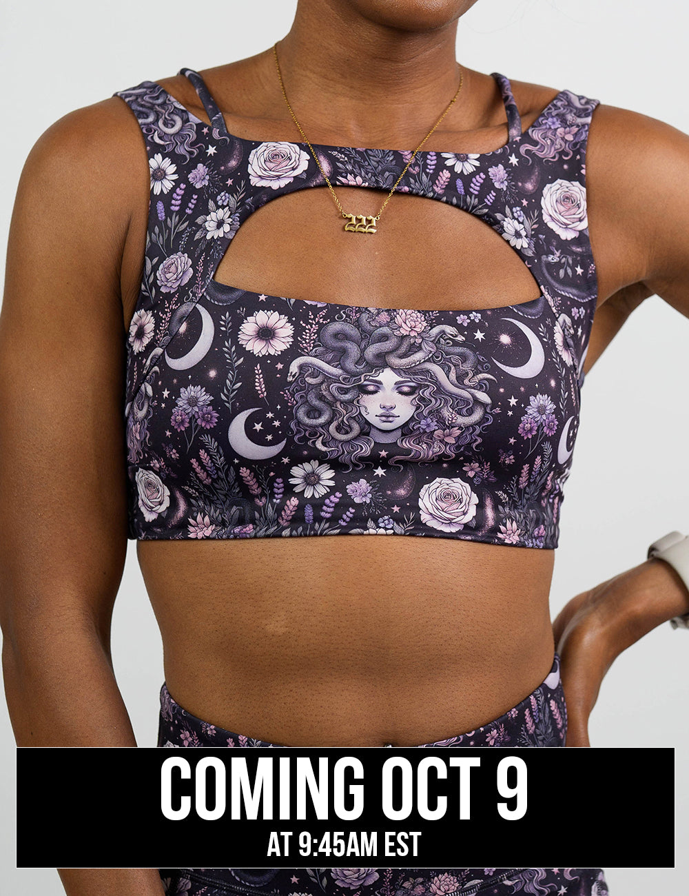 front of the purple medusa with flowers sports bra coming October 9th