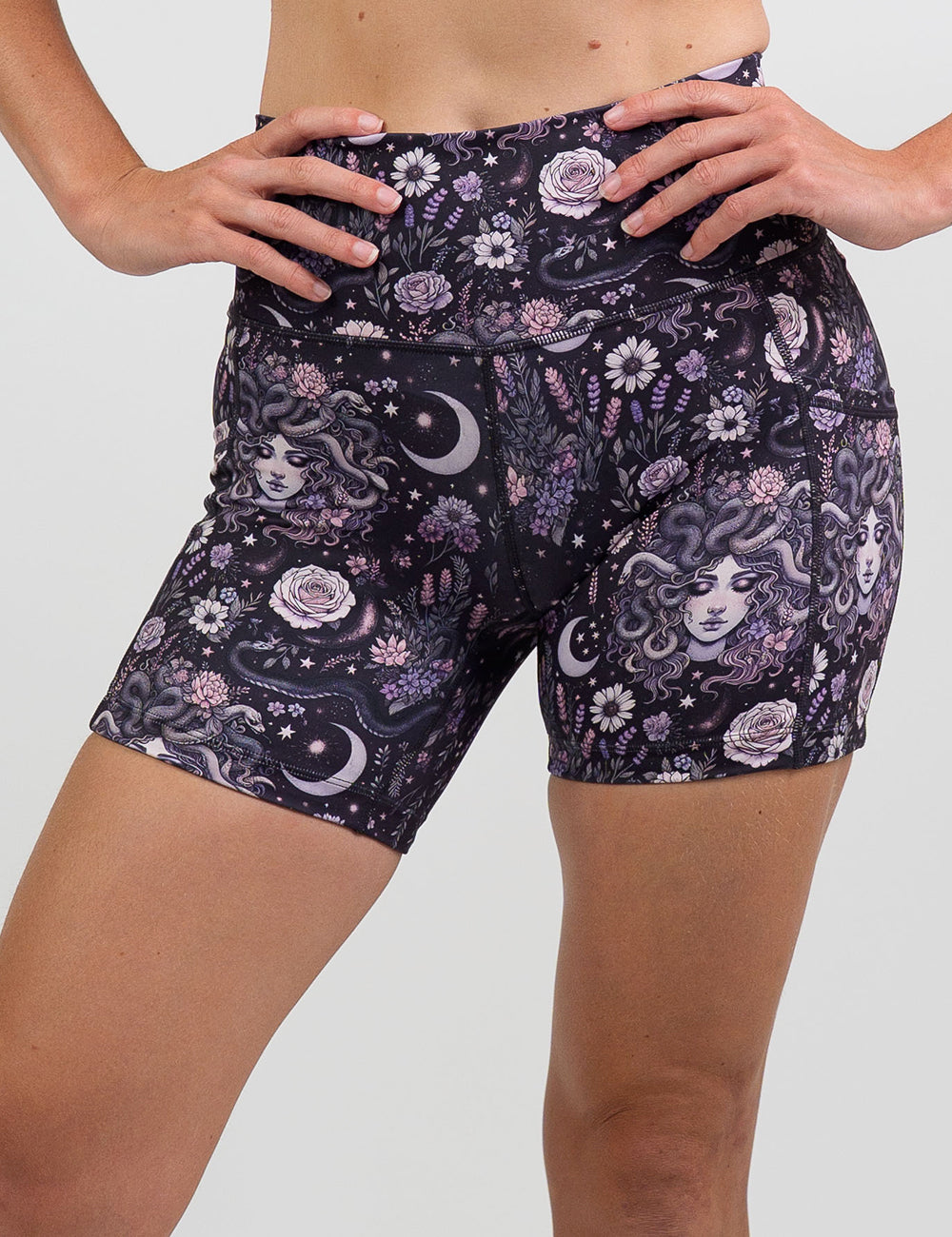 front of the purple medusa with flowers 5 inch shorts against a white background