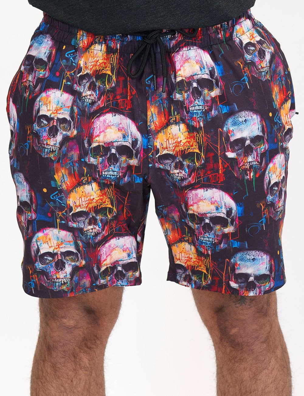 paint splatter and skull print men's shorts