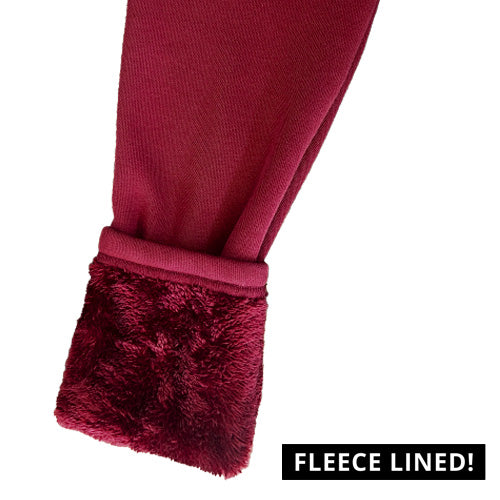 close up of maroon fleece material inside of the leggings