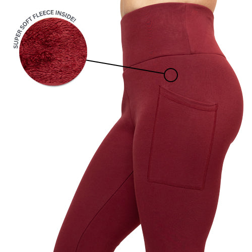 close up of maroon fleece material inside of the leggings