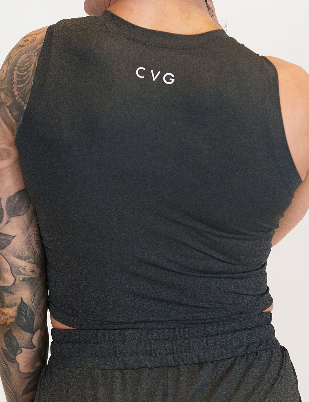 back of the dark grey crop top