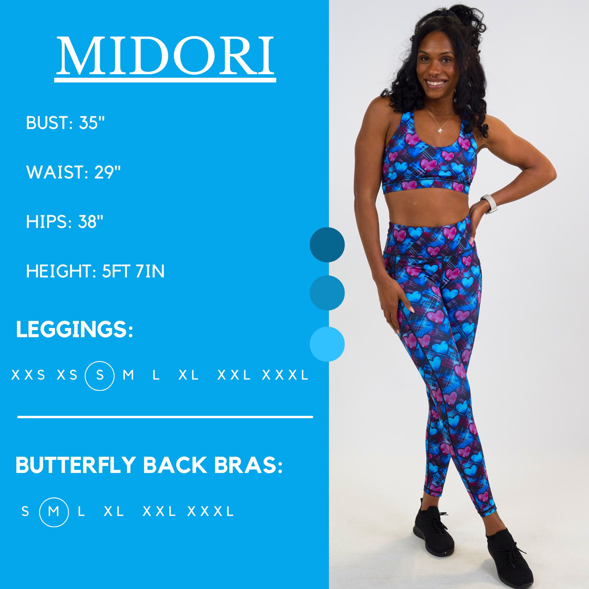 Model’s measurements of 35” bust, 29” waist, 38” hips and height of 5 ft 7 inches. She is wearing a size small in our leggings
