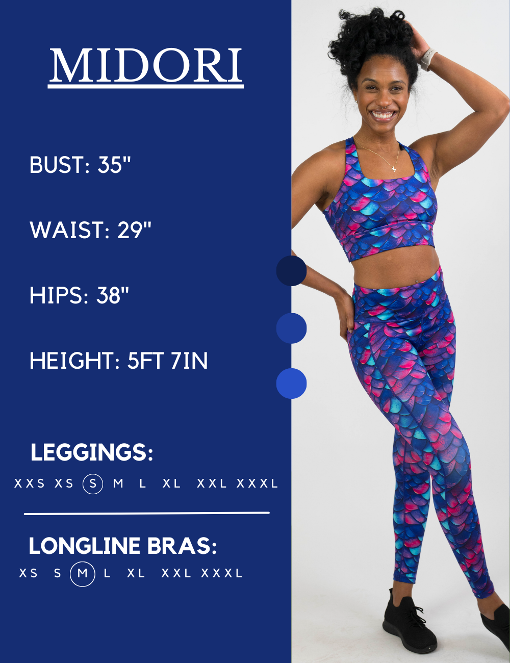 Model’s measurements of 35” bust, 29” waist, 38” hips and height of 5 ft 7 inches. She is wearing a size small in our leggings