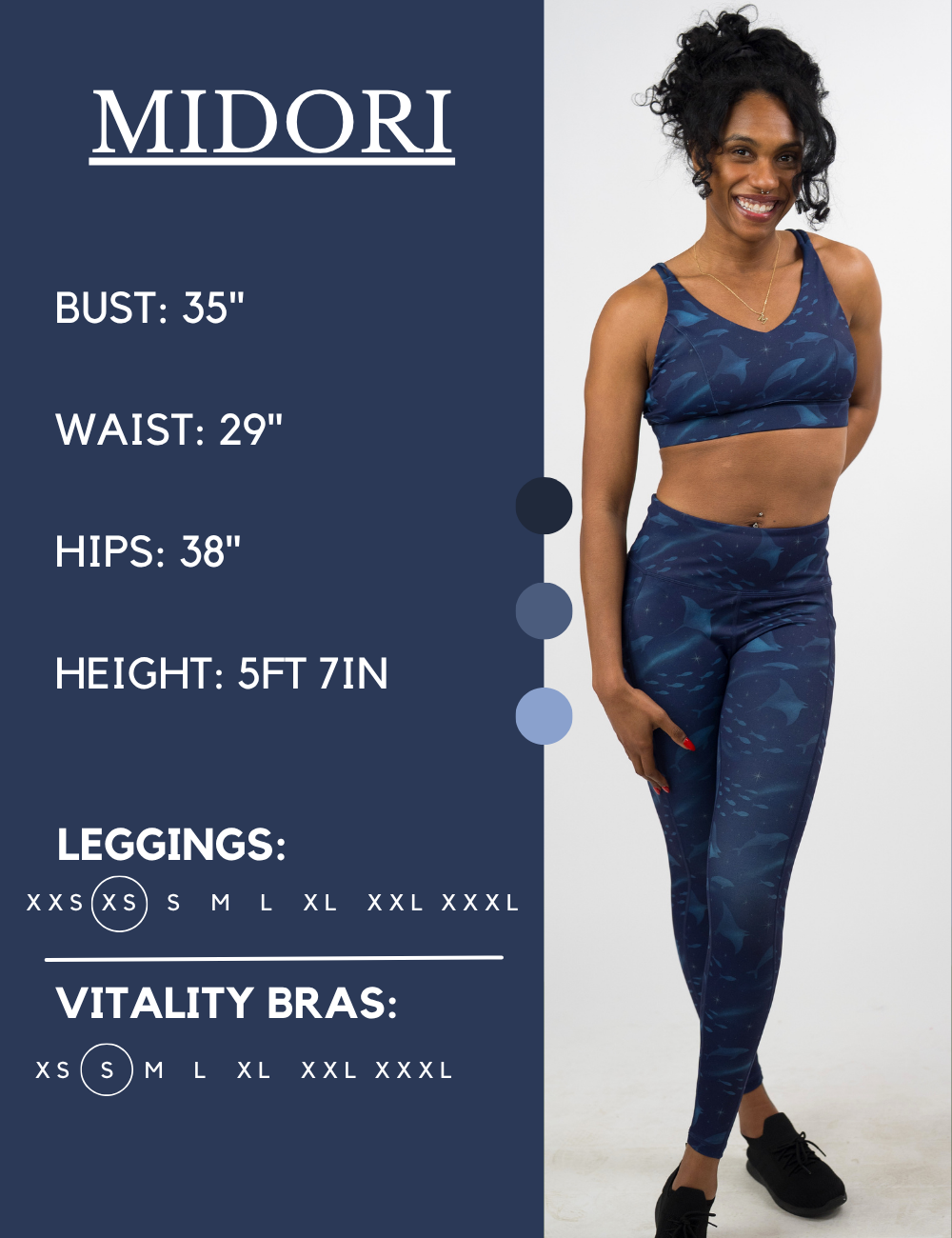 Model’s measurements of 35” bust, 29” waist, 38” hips and height of 5 ft 7 inches. She is wearing a size extra small in our leggings