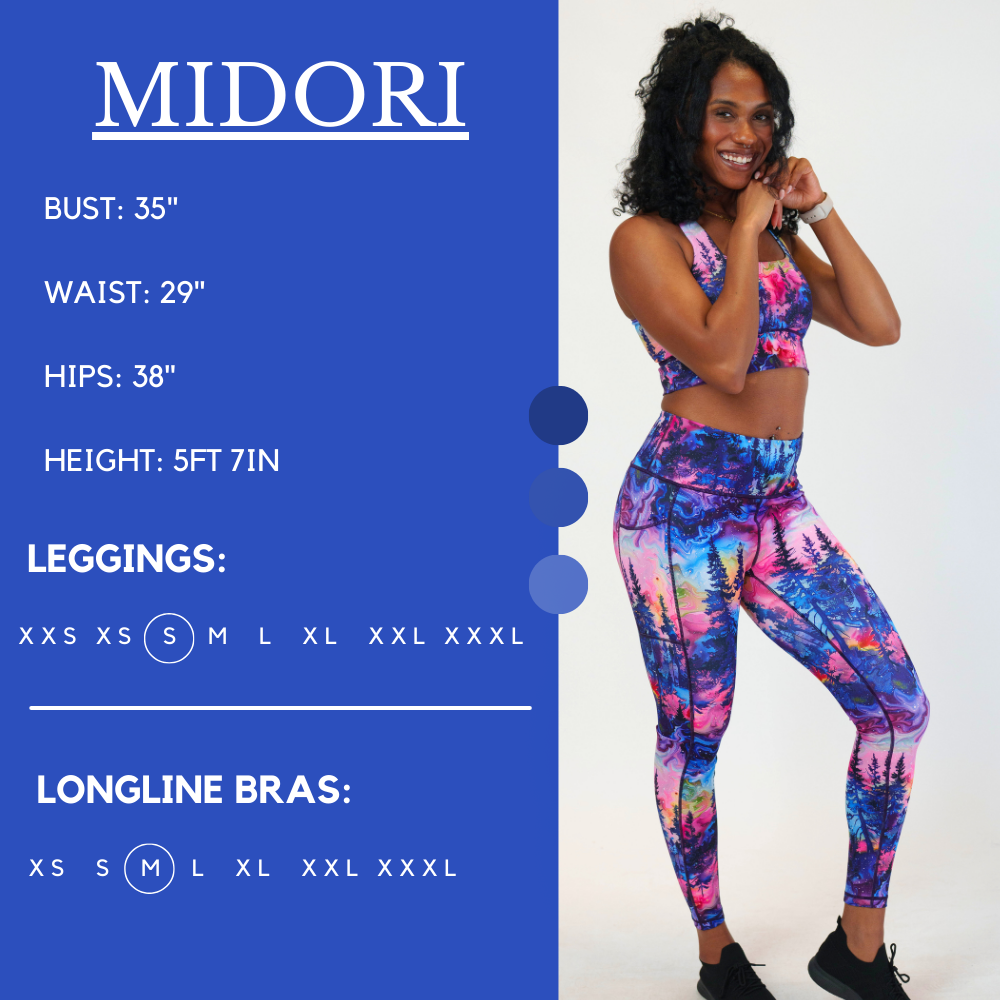 Model’s measurements of 35” bust, 29” waist, 38” hips and height of 5 ft 7 inches. She is wearing a size small in our leggings