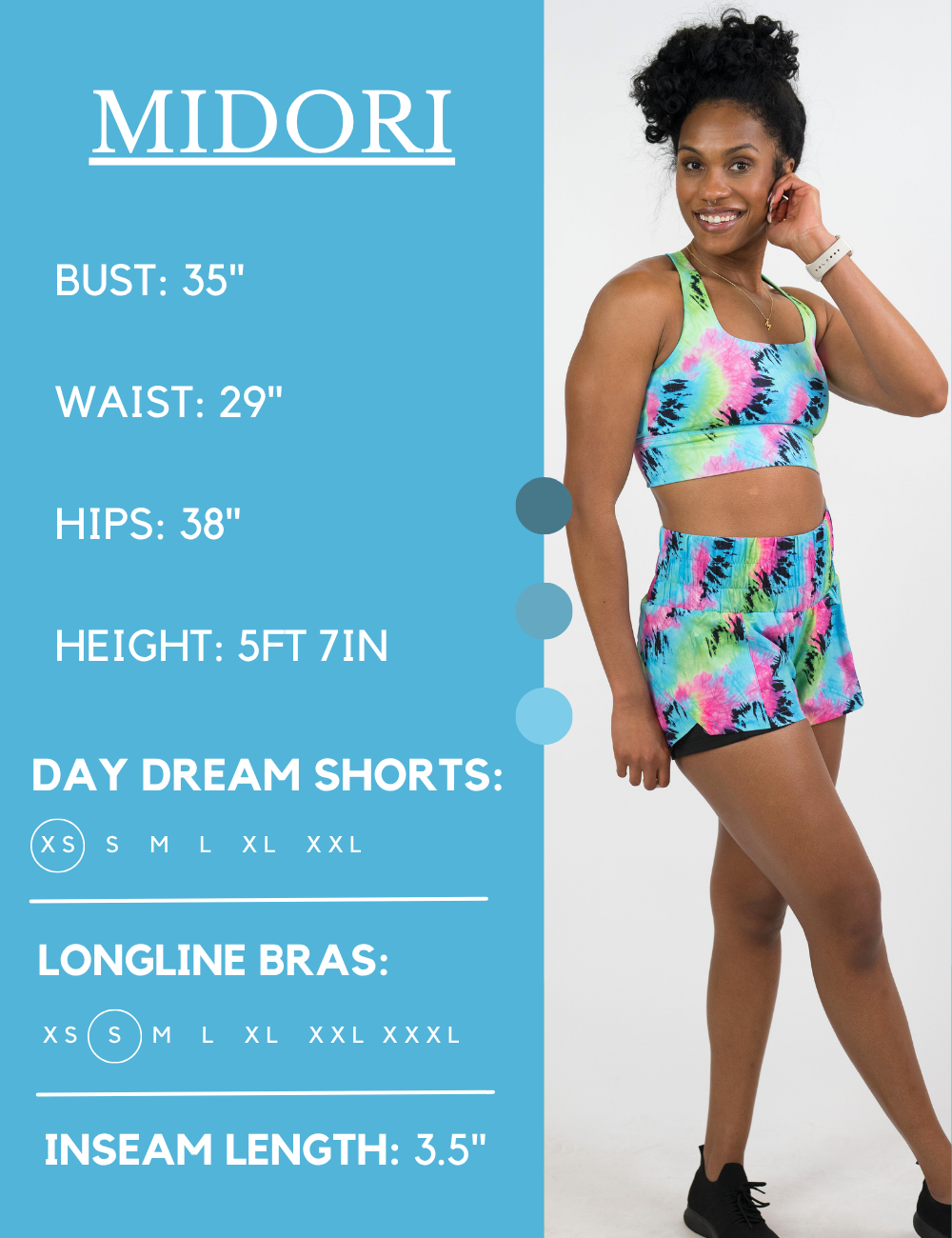 Model’s measurements of 35” bust, 29” waist, 38” hips and height of 5 ft 7 inches. She is wearing a size extra small in our day dream shorts