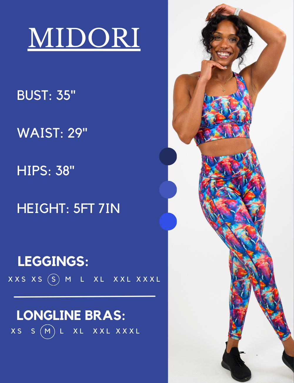 Model’s measurements of 35” bust, 29” waist, 38” hips and height of 5 ft 7 inches. She is wearing a size small in our leggings