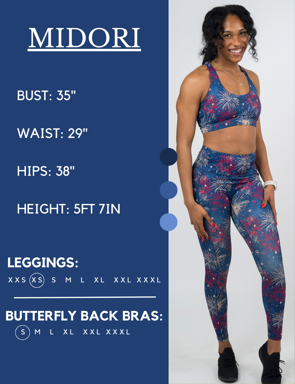 Model’s measurements of 35” bust, 29” waist, 38” hips and height of 5 ft 7 inches. She is wearing a size extra small in our leggings