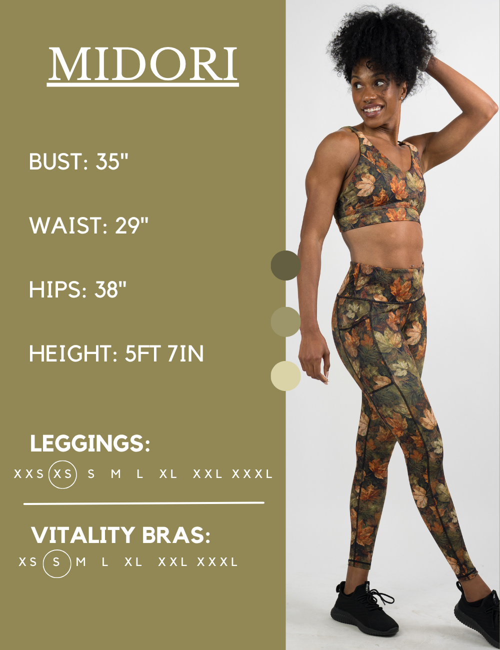Model’s measurements of 35” bust, 29” waist, 38” hips and height of 5 ft 7 inches. She is wearing a size extra small in our leggings