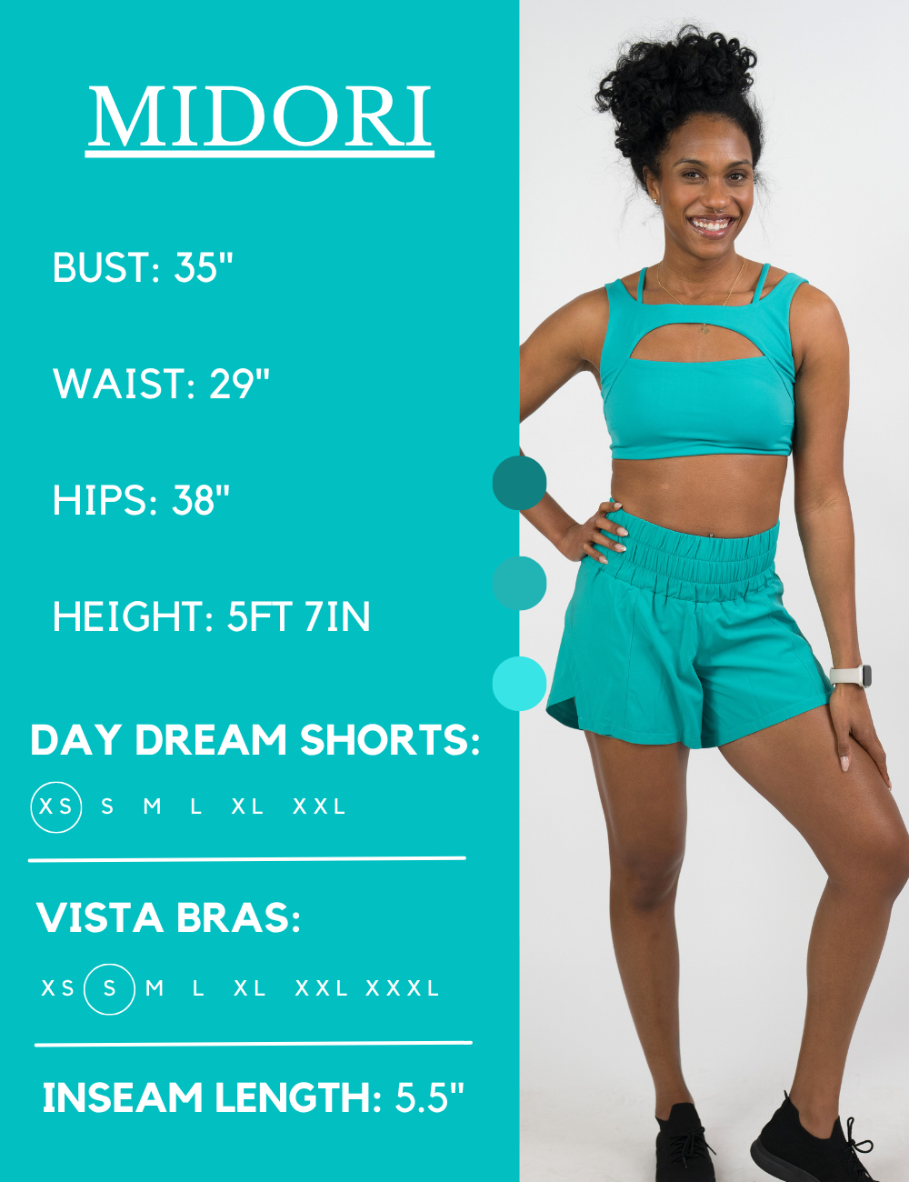 Model’s measurements of 35” bust, 29” waist, 38” hips and height of 5 ft 7 inches. She is wearing a size extra small in our day dream shorts
