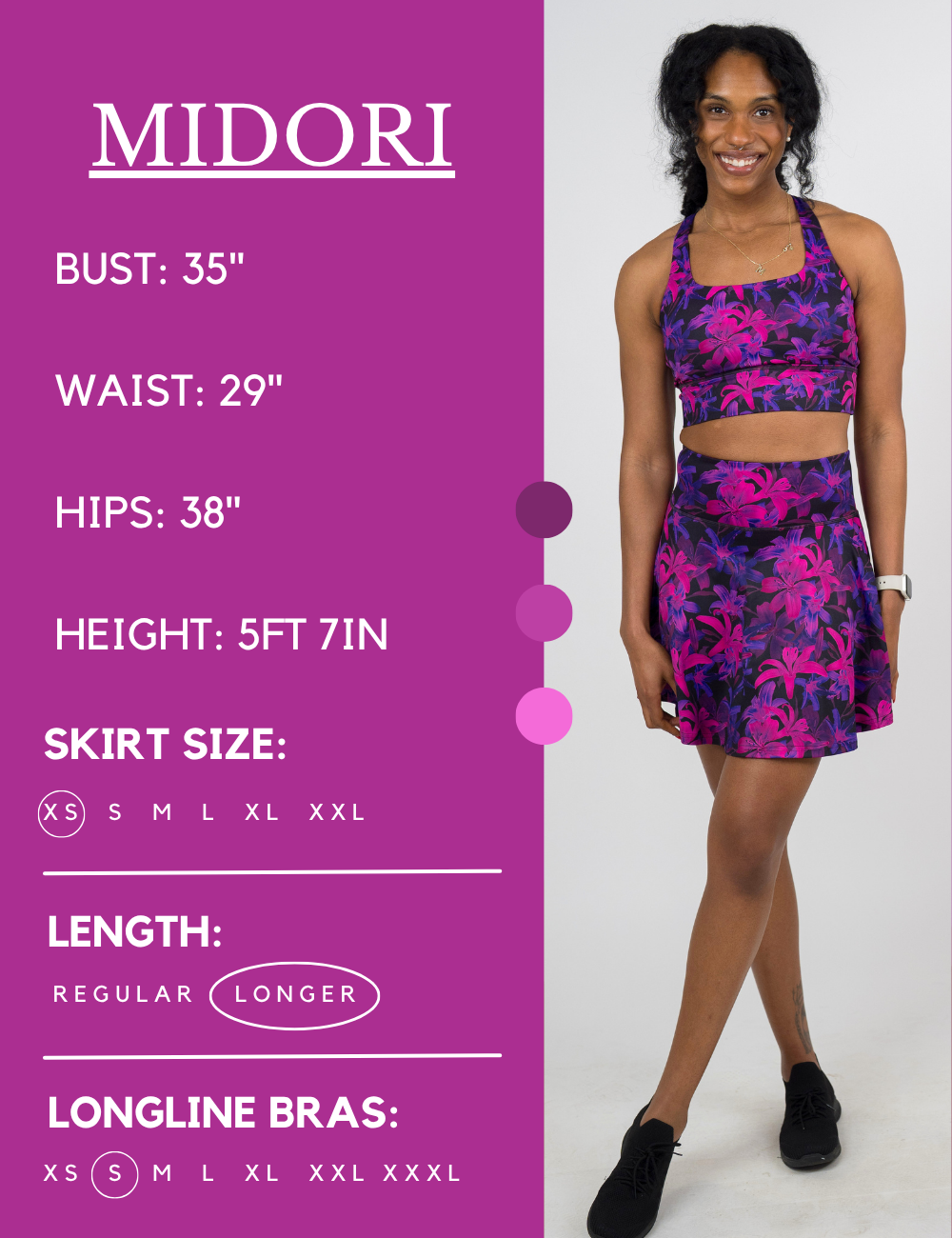 Model’s measurements of 35” bust, 29” waist, 38” hips and height of 5 ft 7 in. She is wearing a size extra small in the skirt