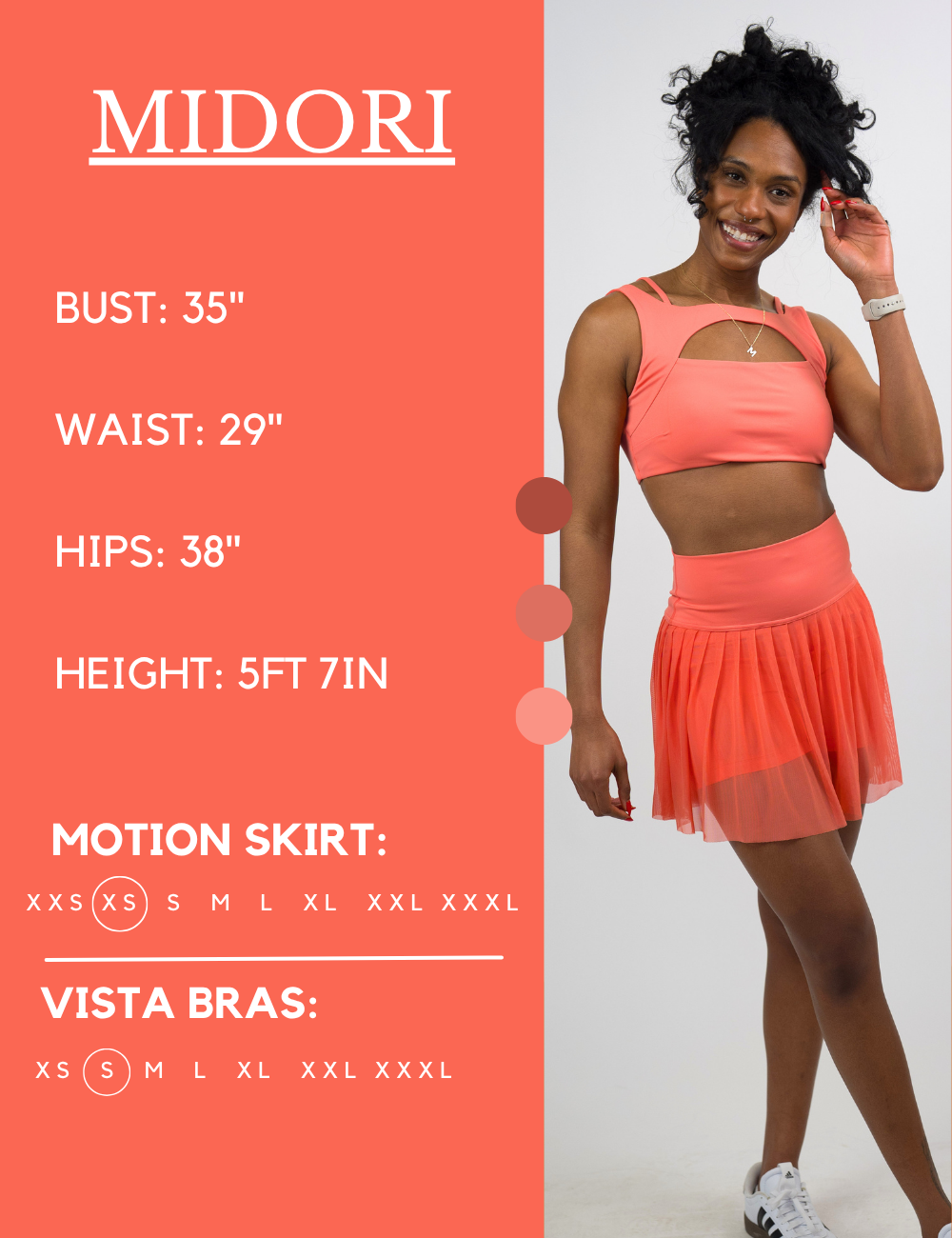 Model’s measurements of 35” bust, 29” waist, 38” hips and height of 5 feet 7 inches. She is wearing a size extra small in our motion skirts