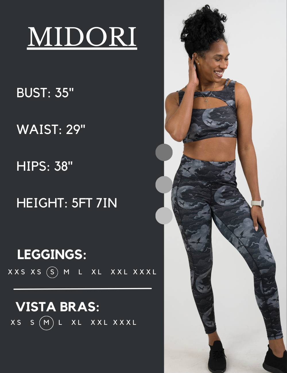 Model’s measurements of 35” bust, 29” waist, 38” hips and height of 5 ft 7 inches. She is wearing a size small in our leggings