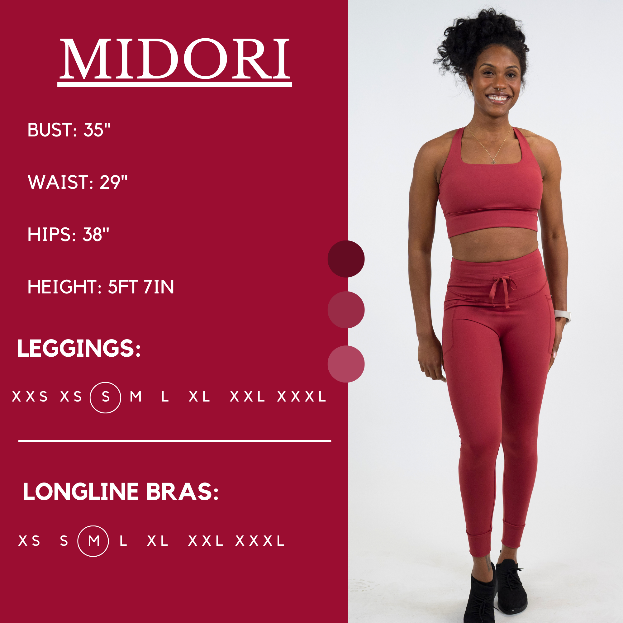 Model’s measurements of 35” bust, 29” waist, 38” hips and height of 5 ft 7 inches. She is wearing a size small in our leggings