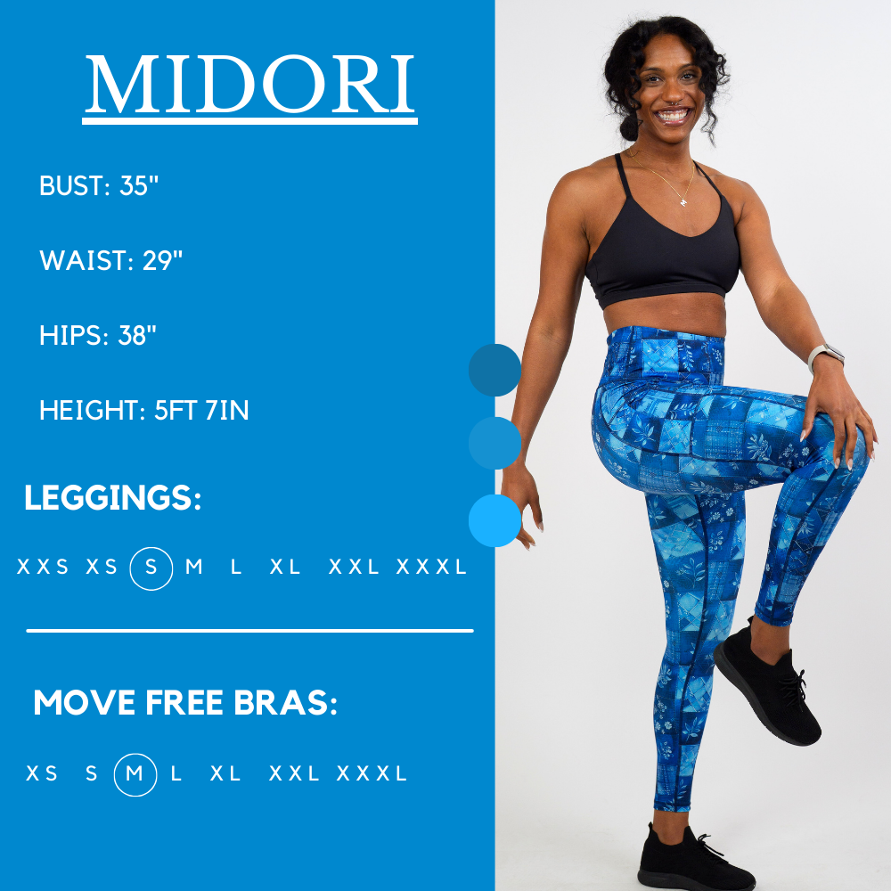 Model’s measurements of 35” bust, 29” waist, 38” hips and height of 5 ft 7 inches. She is wearing a size small in our leggings