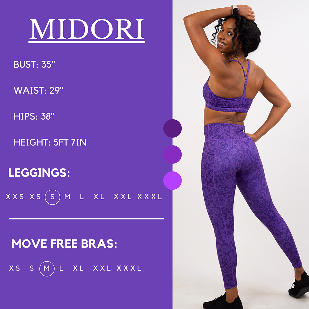Model’s measurements of 35” bust, 29” waist, 38” hips and height of 5 ft 7 inches. She is wearing a size small in our leggings