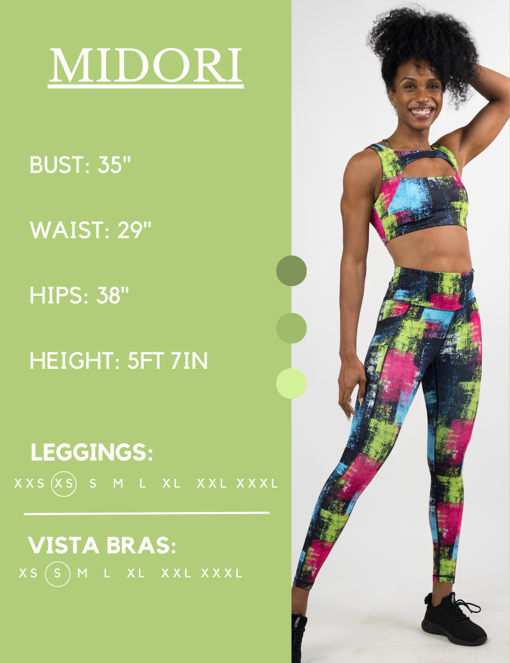 Model’s measurements of 35” bust, 29” waist, 38” hips and height of 5 ft 7 inches. She is wearing a size extra small in our leggings