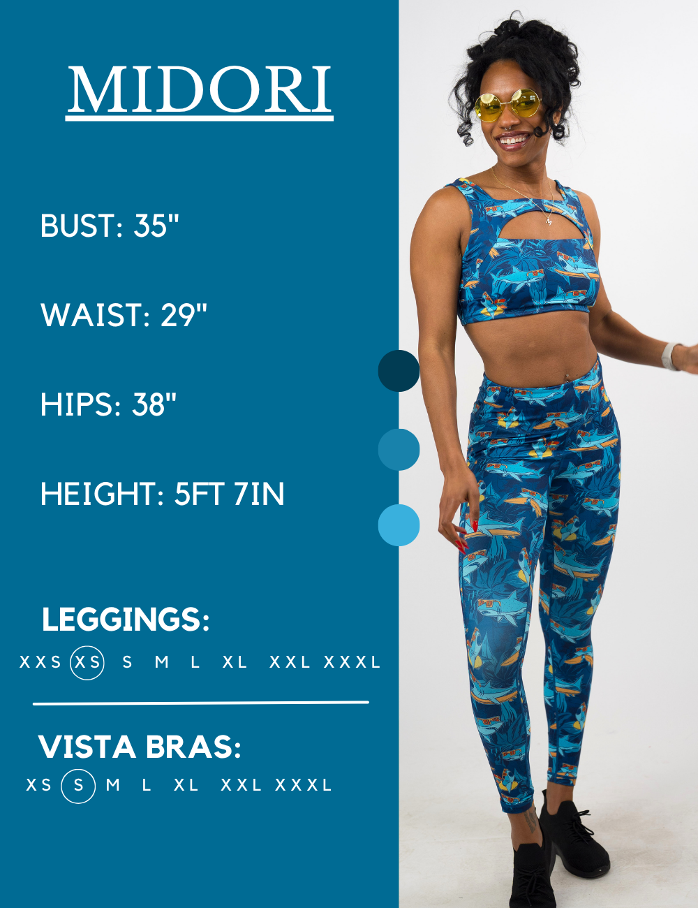Model’s measurements of 35” bust, 29” waist, 38” hips and height of 5 ft 7 inches. She is wearing a size extra small in our leggings