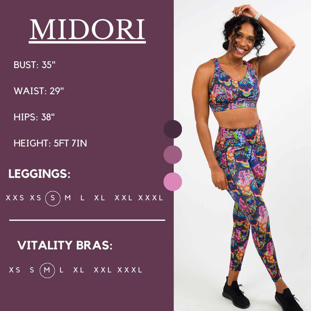 Model’s measurements of 35” bust, 29” waist, 38” hips and height of 5 ft 7 inches. She is wearing a size small in our leggings