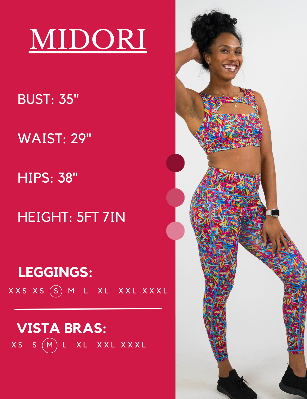 Model’s measurements of 35” bust, 29” waist, 38” hips and height of 5 ft 7 inches. She is wearing a size small in our leggings