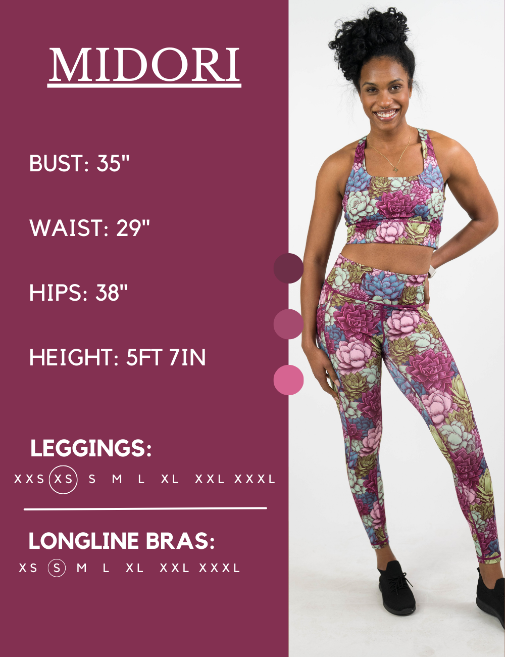 Model’s measurements of 35” bust, 29” waist, 38” hips and height of 5 ft 7 inches. She is wearing a size small in our leggings