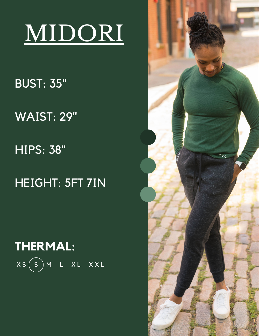 Model’s measurements of 35” bust, 39” waist, 38” hips and height of 5 ft 7 inches. She is wearing a size small in our thermal