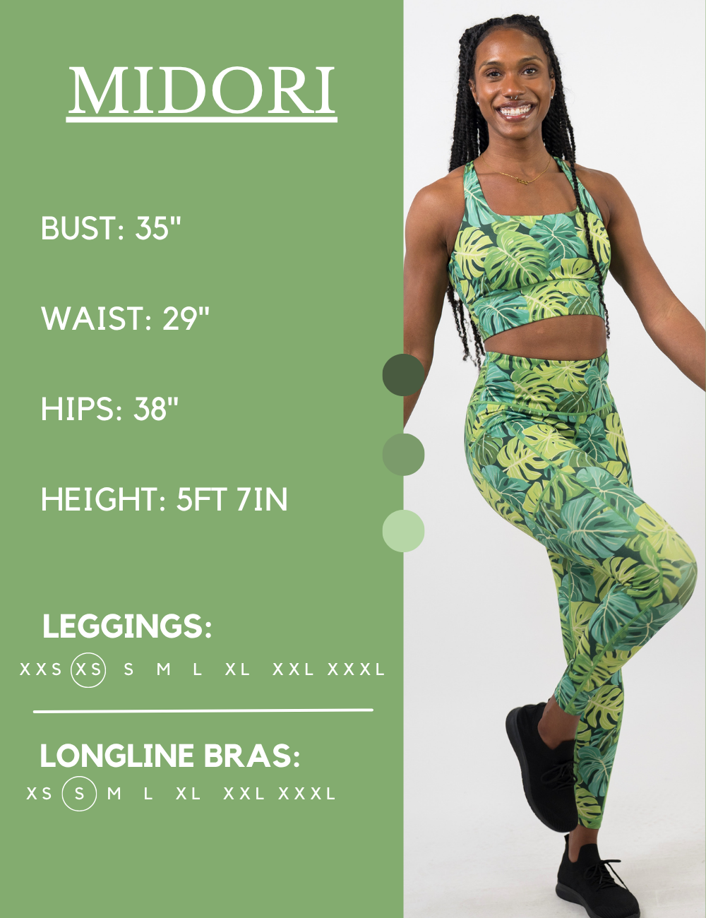 Model’s measurements of 35” bust, 29” waist, 38” hips and height of 5 ft 7 inches. She is wearing a size extra small in our leggings
