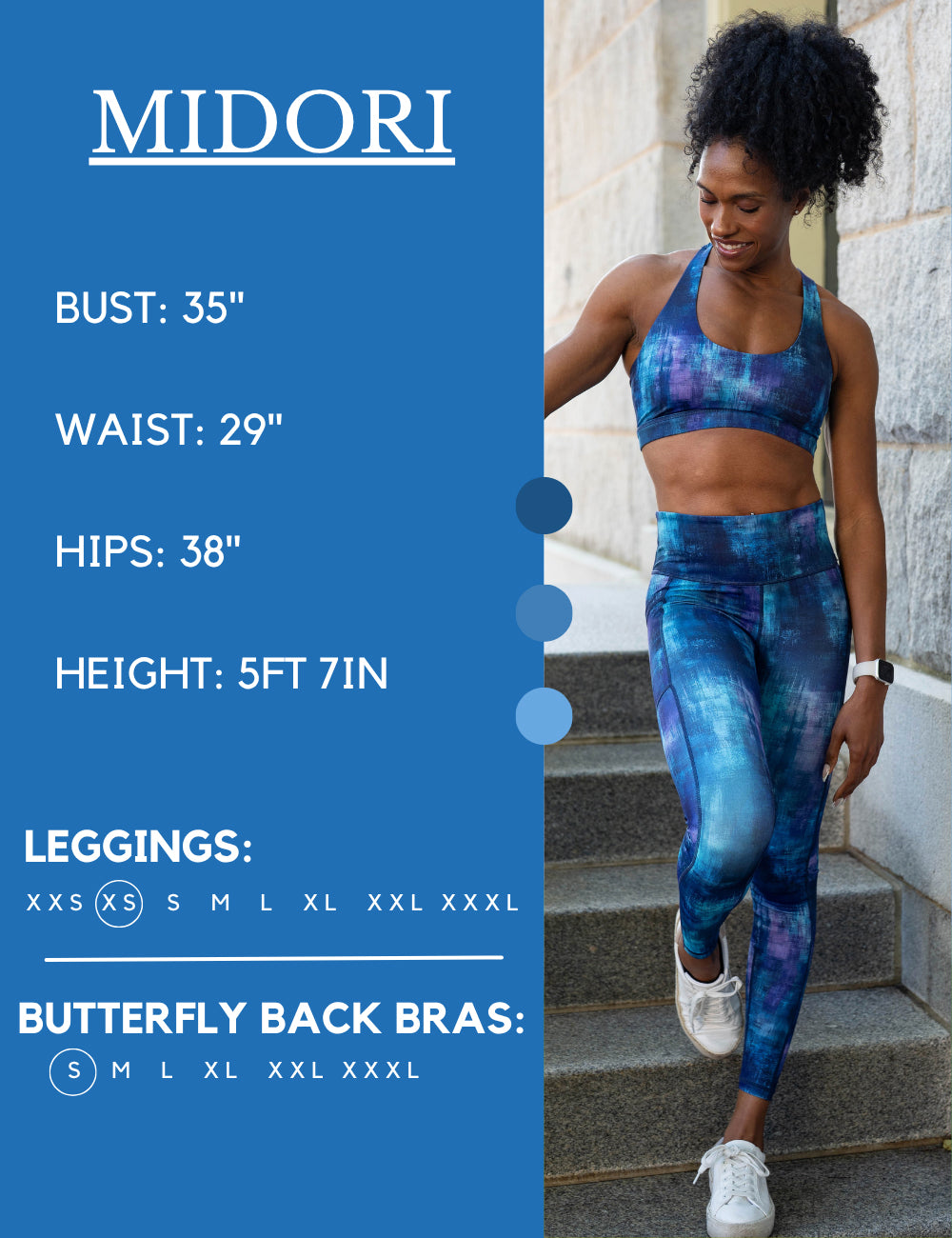 Model’s measurements of 35” bust, 29” waist, 38” hips and height of 5 ft 7 inches. She is wearing a size extra small in our leggings