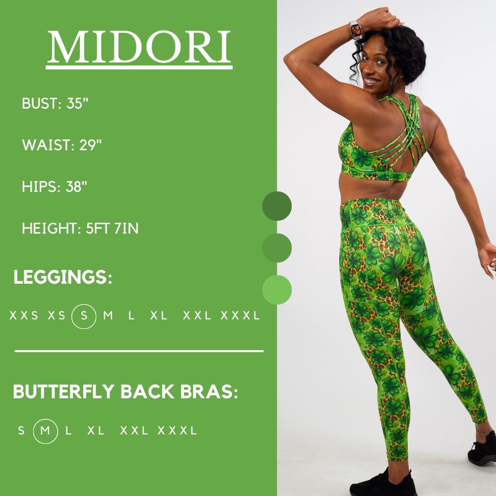 Model’s measurements of 35” bust, 29” waist, 38” hips and height of 5 ft 7 inches. She is wearing a size small in our leggings