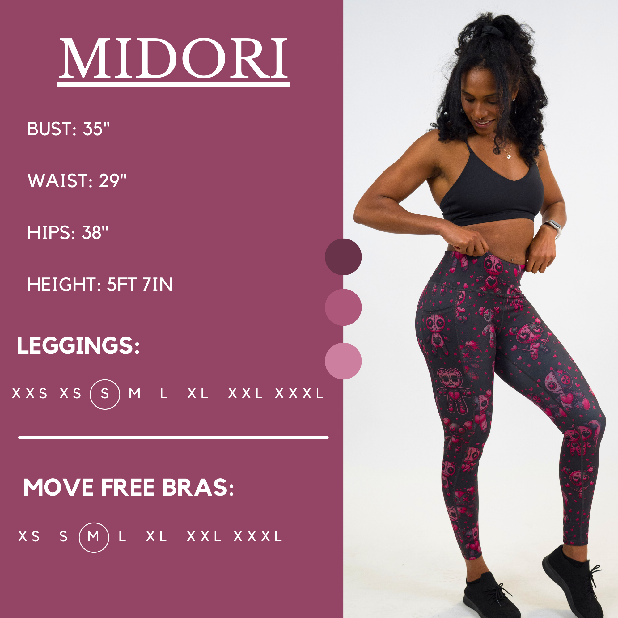 Model’s measurements of 35” bust, 29” waist, 38” hips and height of 5 ft 7 inches. She is wearing a size small in our leggings