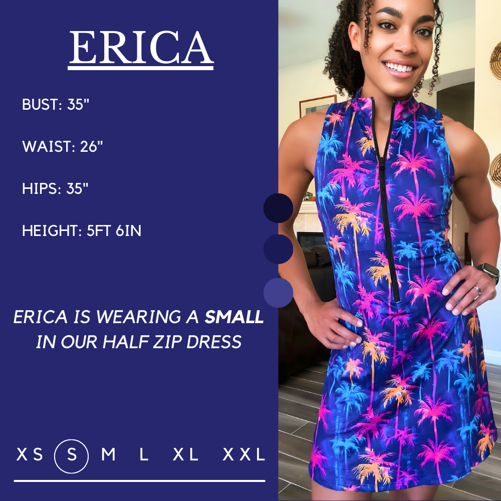 Model’s measurements of 35” bust, 26” waist, 35” hips and height of 5 ft 6 inches. She is wearing a size small in our half zip dress