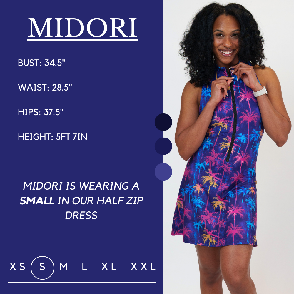 Model’s measurements of 34.5” bust, 28.5” waist, 37.5” hips and height of 5 ft 7 inches. She is wearing a size small in our half zip dress