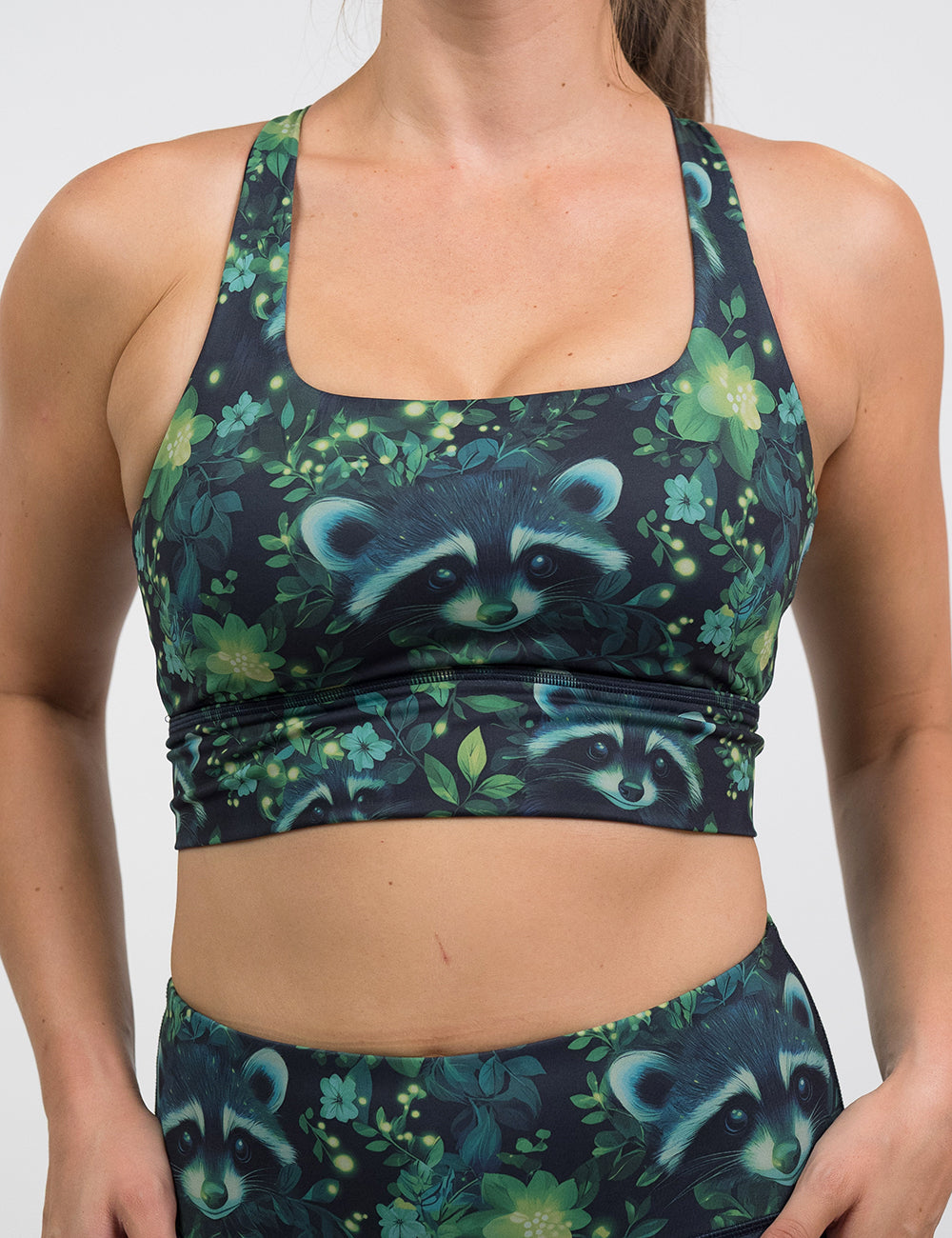 front of the green Raccoon design bra
