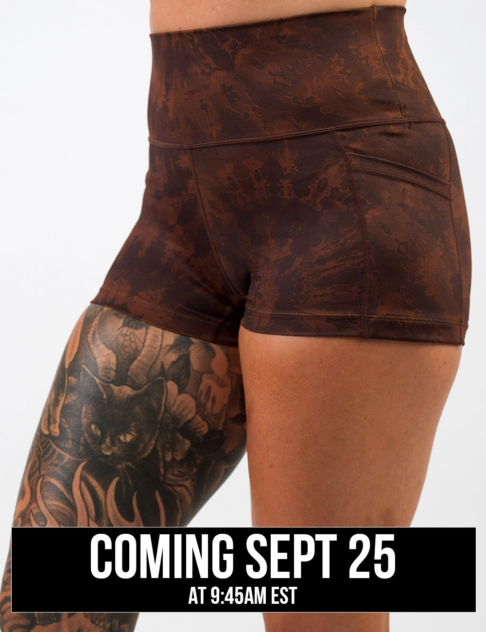 front of the brown tie dye 2.5 inch shorts coming September 25th